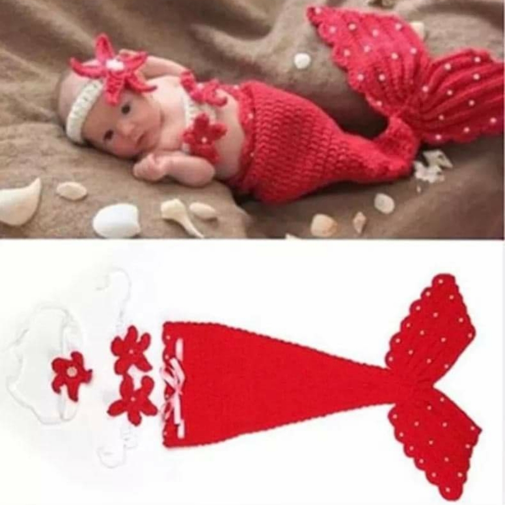 Red mermaid baby prop dress for girls 0-6 mos